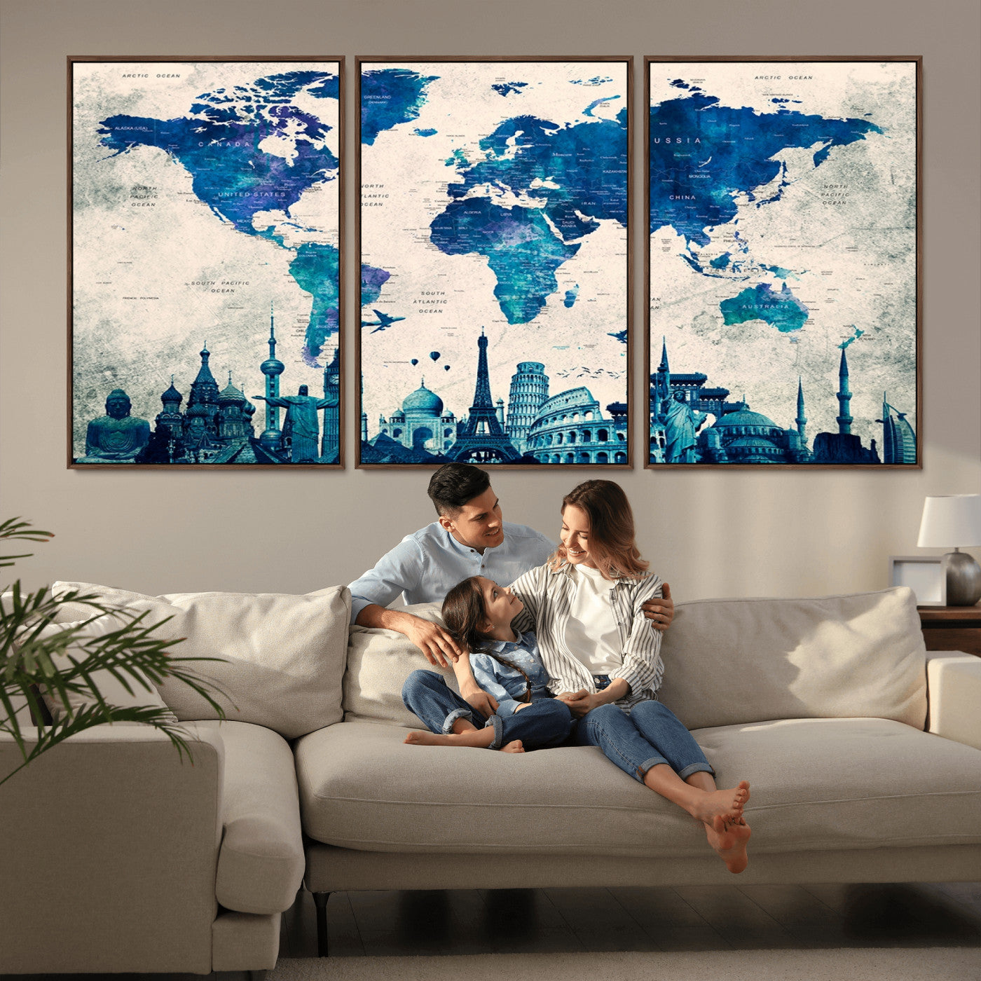 Navy Blue World Map Canvas Print, Wonder of World Map Push Pin Canvas Print