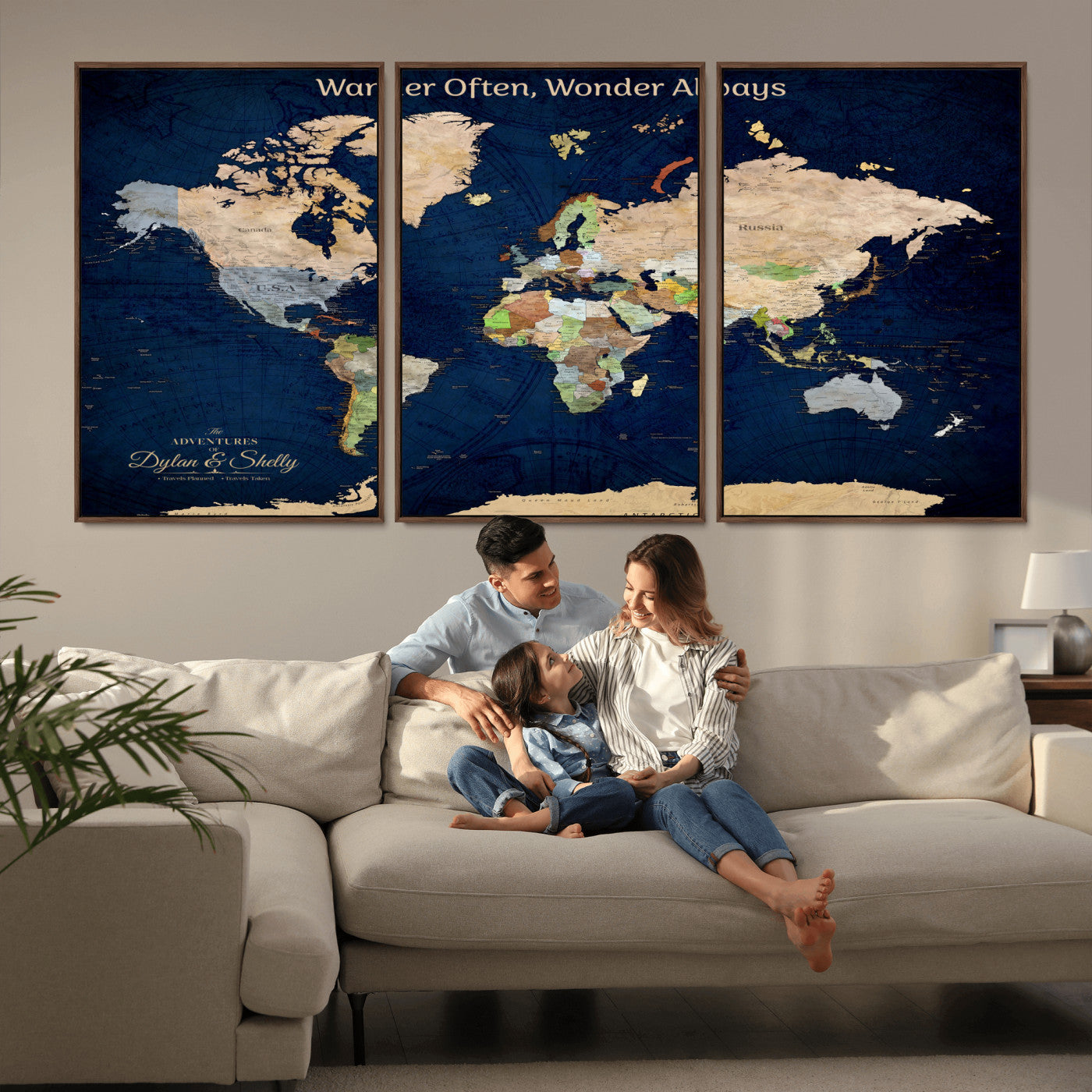 12399561-MGV-FC-60X30-3P_Walnut-Personalized World Map Print, Customizable Push Pin Framed World Map Print on Canvas - Custom Quote on Map Print