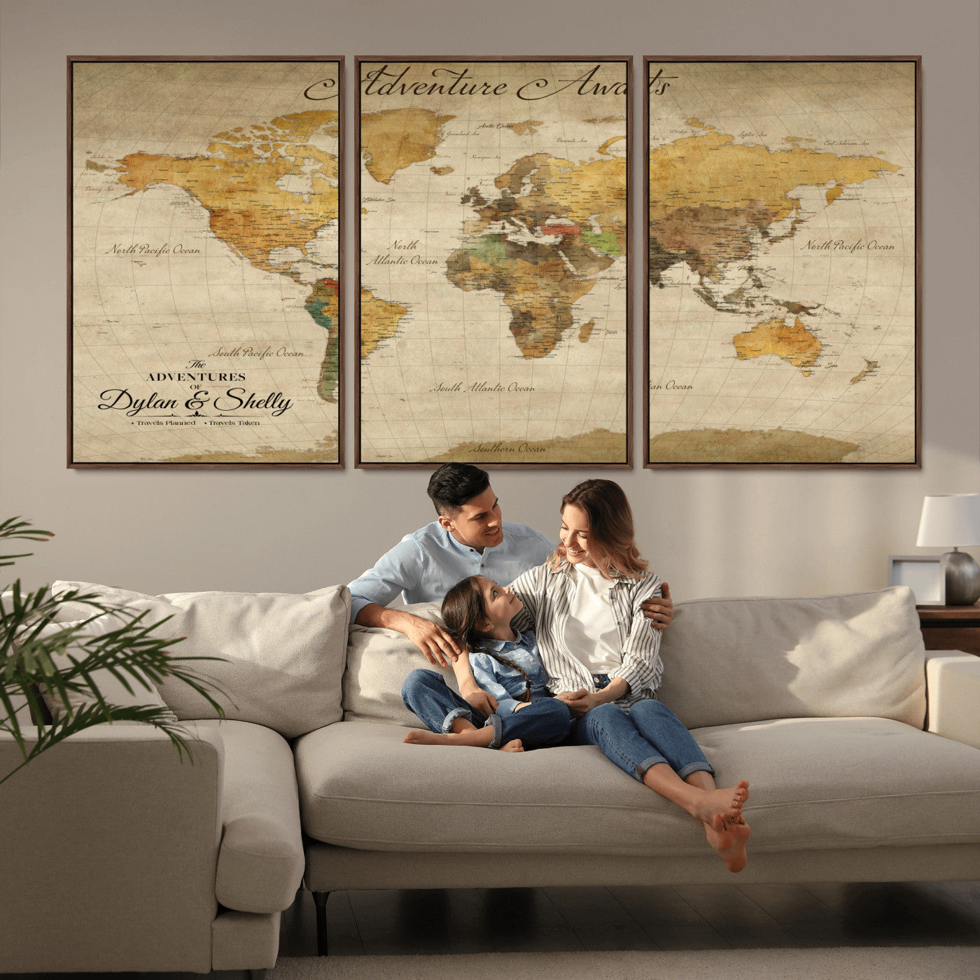 50298017-MGV-FC-60X30-3P_Walnut-Personalized World Map Print, Customizable Push Pin Framed World Map Print on Canvas - Custom Quote on Map Print