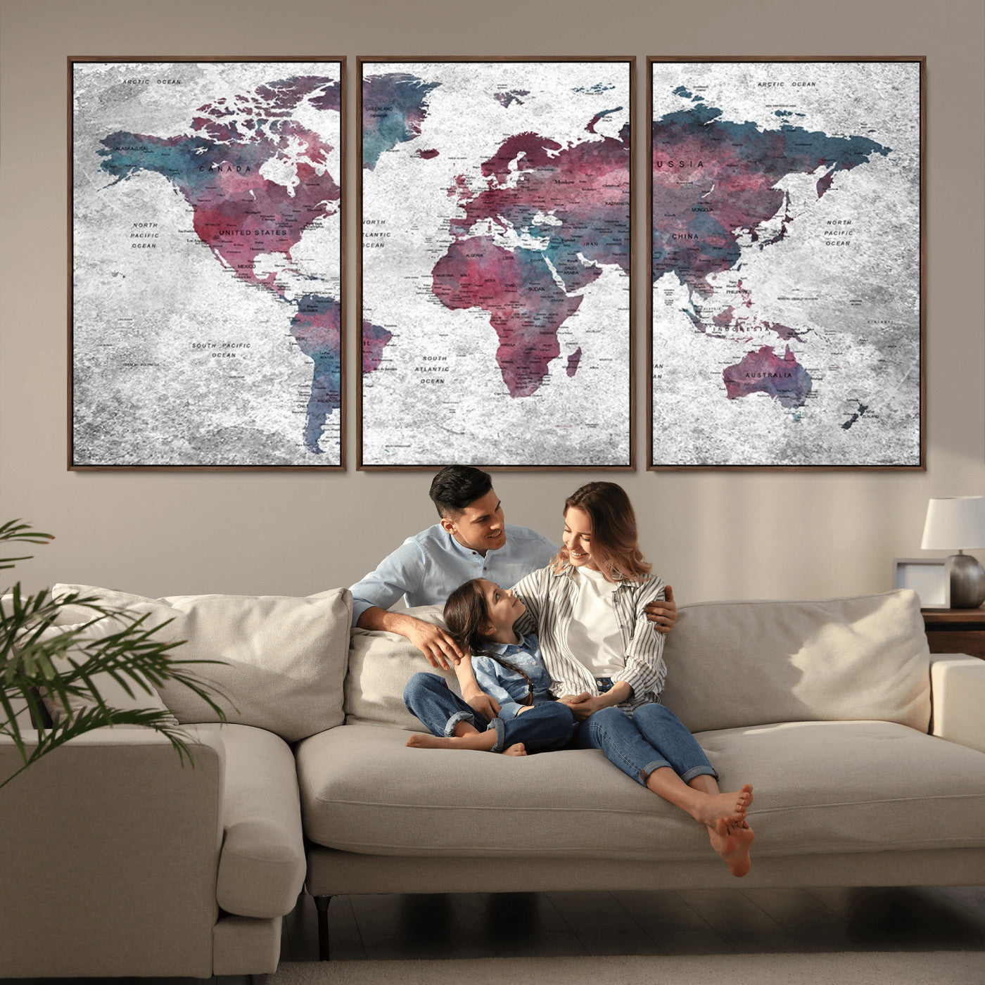Push Pin World Map Canvas Print – Framed Wall Art for Couples to Track Their Travels – Anniversary Gift or Home Adventure Decor