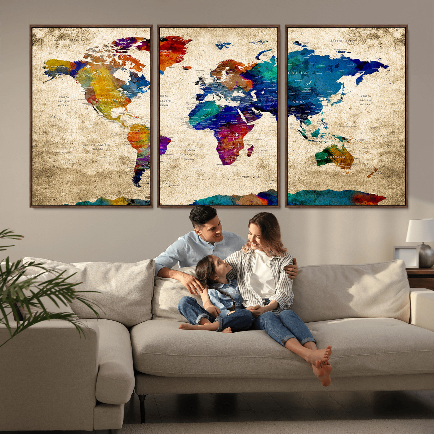 Push Pin World Map Canvas Print – Framed Wall Art for Couples to Track Their Travels – Anniversary Gift or Home Adventure Decor
