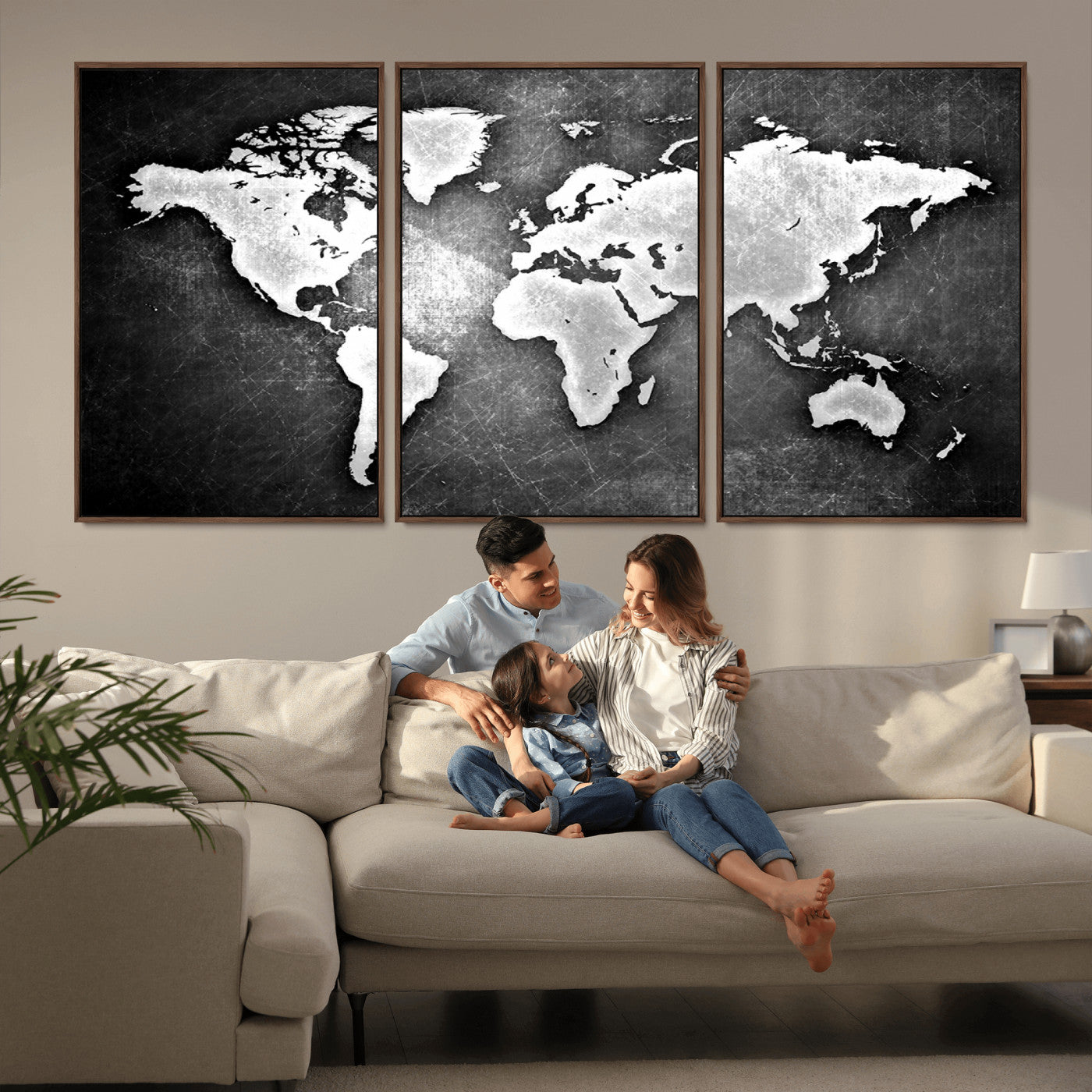 34390-MGV-FC-60X30-3P_Walnut-World Map Wall Art Canvas Print – Framed Wall Art for Anniversary Gift or Home Adventure Decor