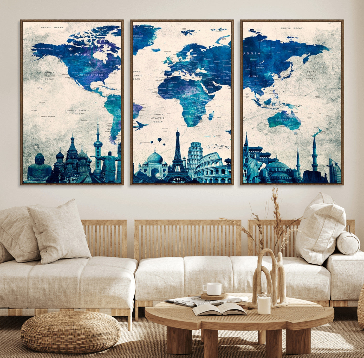Navy Blue World Map Canvas Print, Wonder of World Map Push Pin Canvas Print