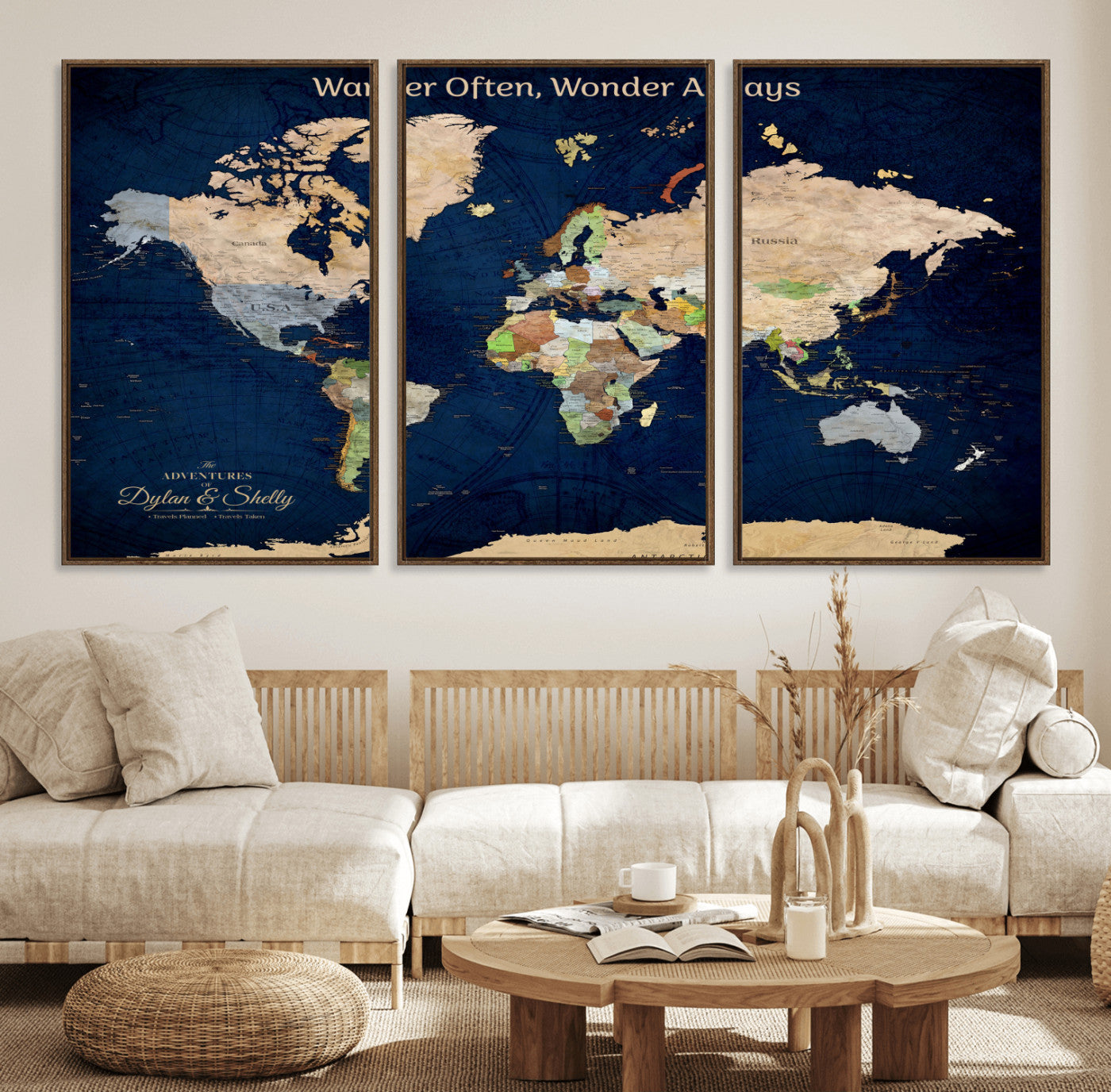 12399561-MGV-CV-30X20-Personalized World Map Print, Customizable Push Pin Framed World Map Print on Canvas - Custom Quote on Map Print
