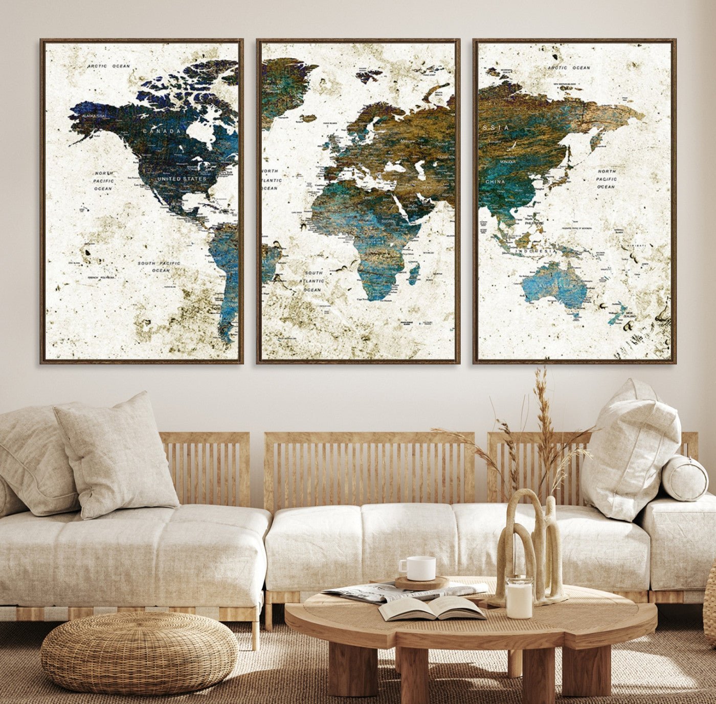Vintage World Map Wall Art Canvas Print, Framed Rustic Earth Map Art Picture Print, Antique Map Perfect Rustic Vintage Decor Artwork
