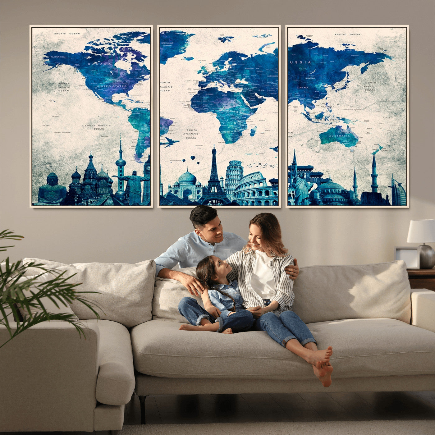 Navy Blue World Map Canvas Print, Wonder of World Map Push Pin Canvas Print