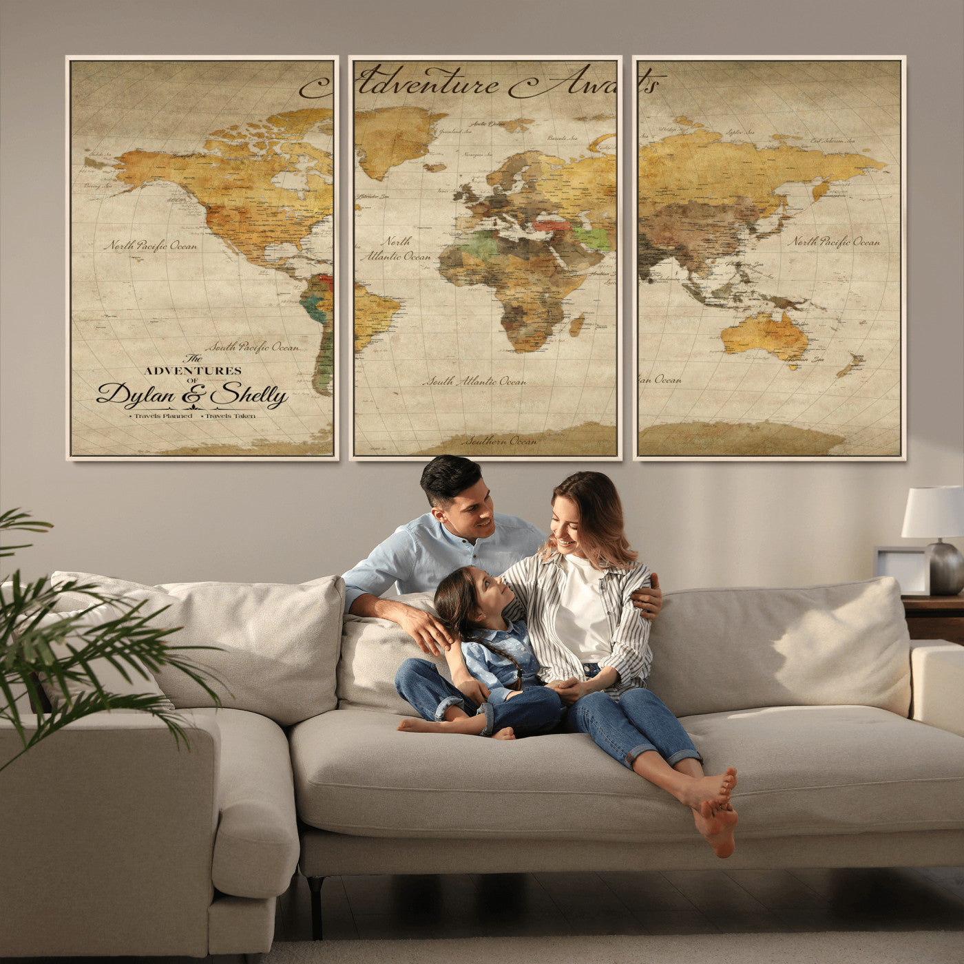 50298017-MGV-FC-60X30-3P_Natural-Personalized World Map Print, Customizable Push Pin Framed World Map Print on Canvas - Custom Quote on Map Print