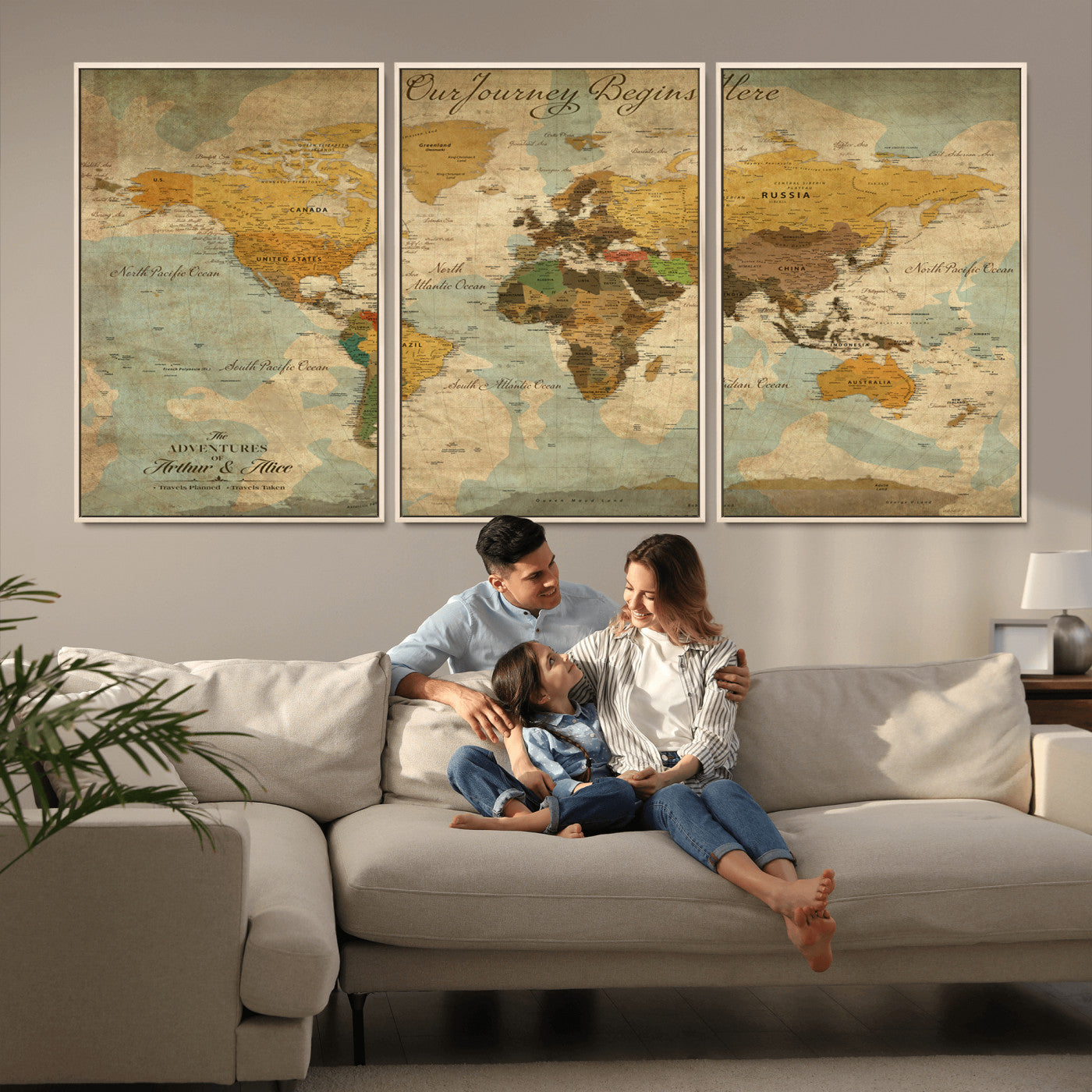 40572820-MGV-FC-60X30-3P_Natural-Custom Push Pin World Map Wall Canvas Print – Personalized Travel Tracker with Pins – Framed Custom Quotie Canvas for Home Office Decor