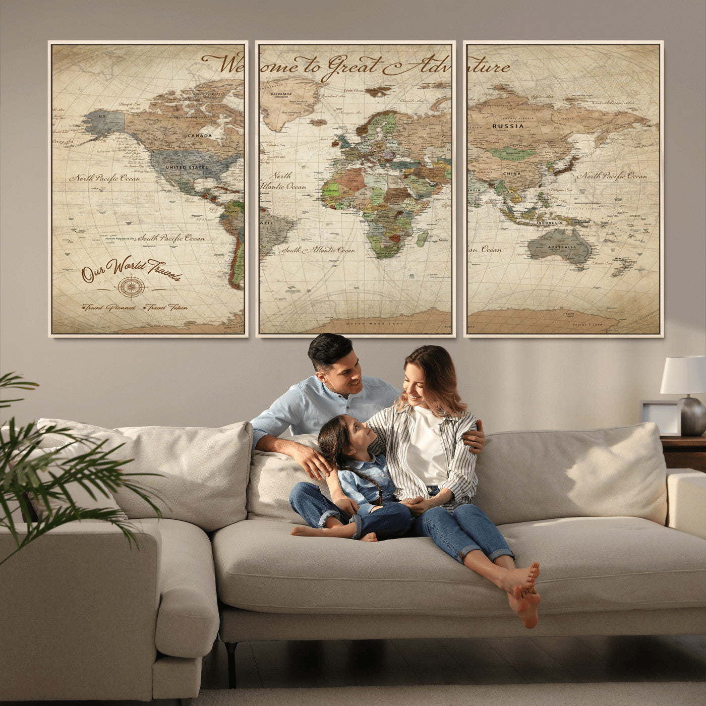 76478536-MGV-FC-60X30-3P_Natural-Custom Push Pin World Map Wall Canvas Print – Personalized Travel Tracker with Pins – Framed Custom Quotie Canvas for Home Office Decor