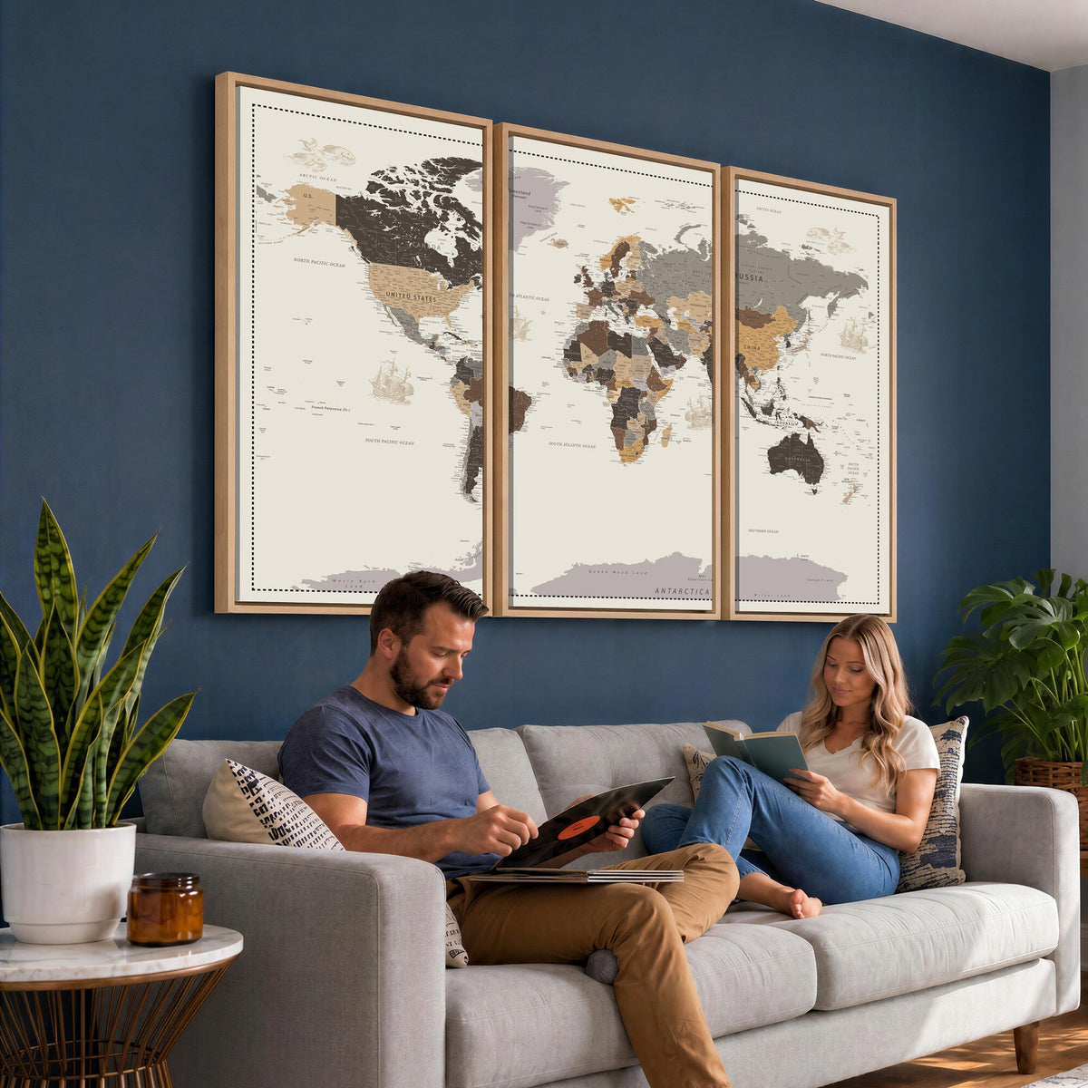 58777746-MGV-CV-36X24 - Custom Beige Modern Push Pin World Map Canvas Print, Places Visited Tracker, Bedroom and Study Decor