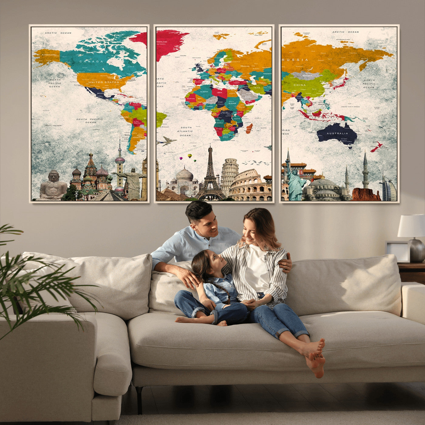 Push Pin World Map Canvas Print – Framed Wall Art for Couples to Track Their Travels – Anniversary Gift or Home Adventure Decor