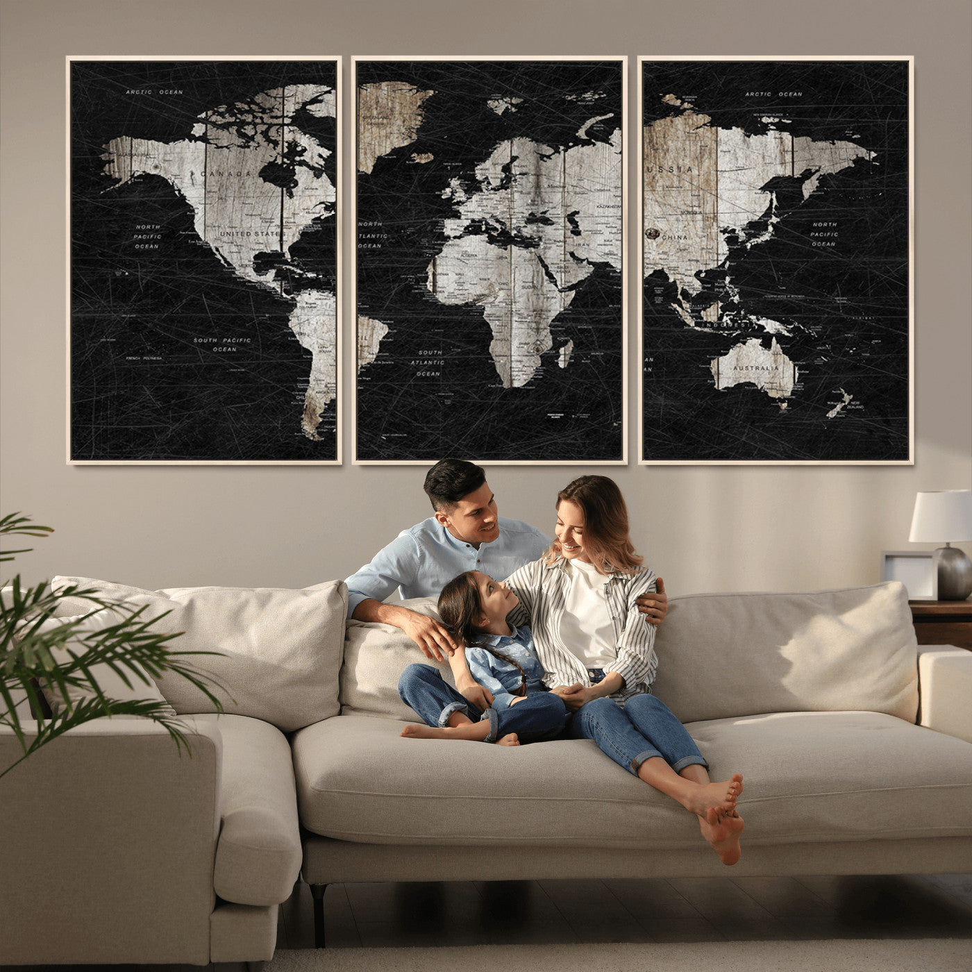 Push Pin World Map Canvas Print – Framed Wall Art for Couples to Track Their Travels – Anniversary Gift or Home Adventure Decor
