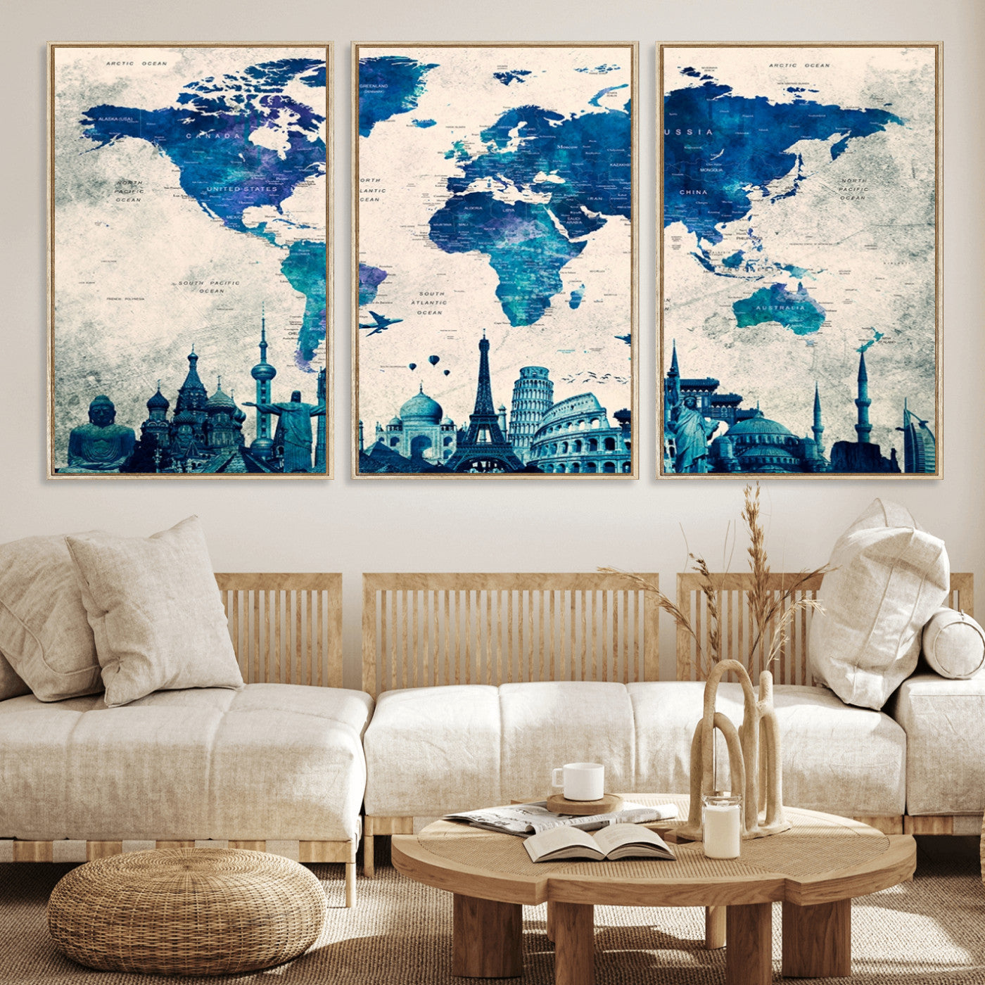 Navy Blue World Map Canvas Print, Wonder of World Map Push Pin Canvas Print