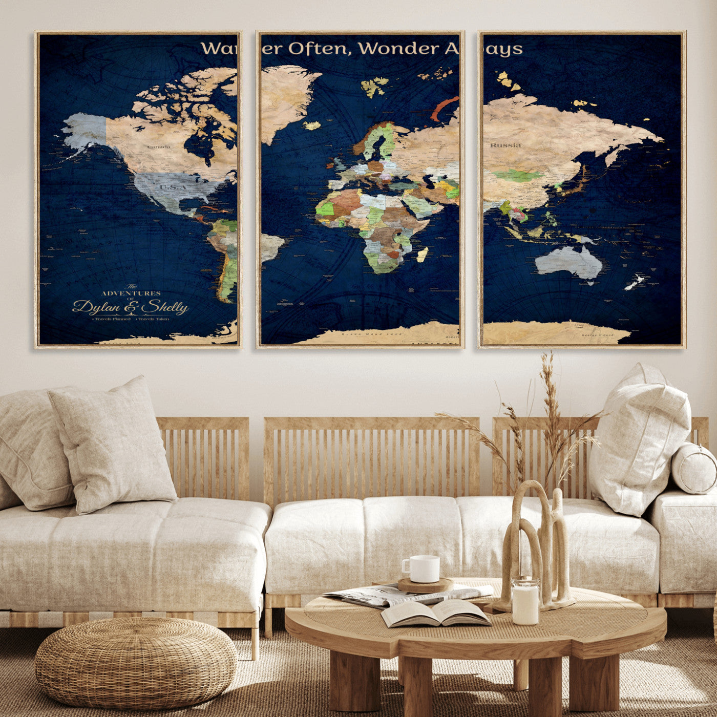 12399561-MGV-CV-30X20-Personalized World Map Print, Customizable Push Pin Framed World Map Print on Canvas - Custom Quote on Map Print
