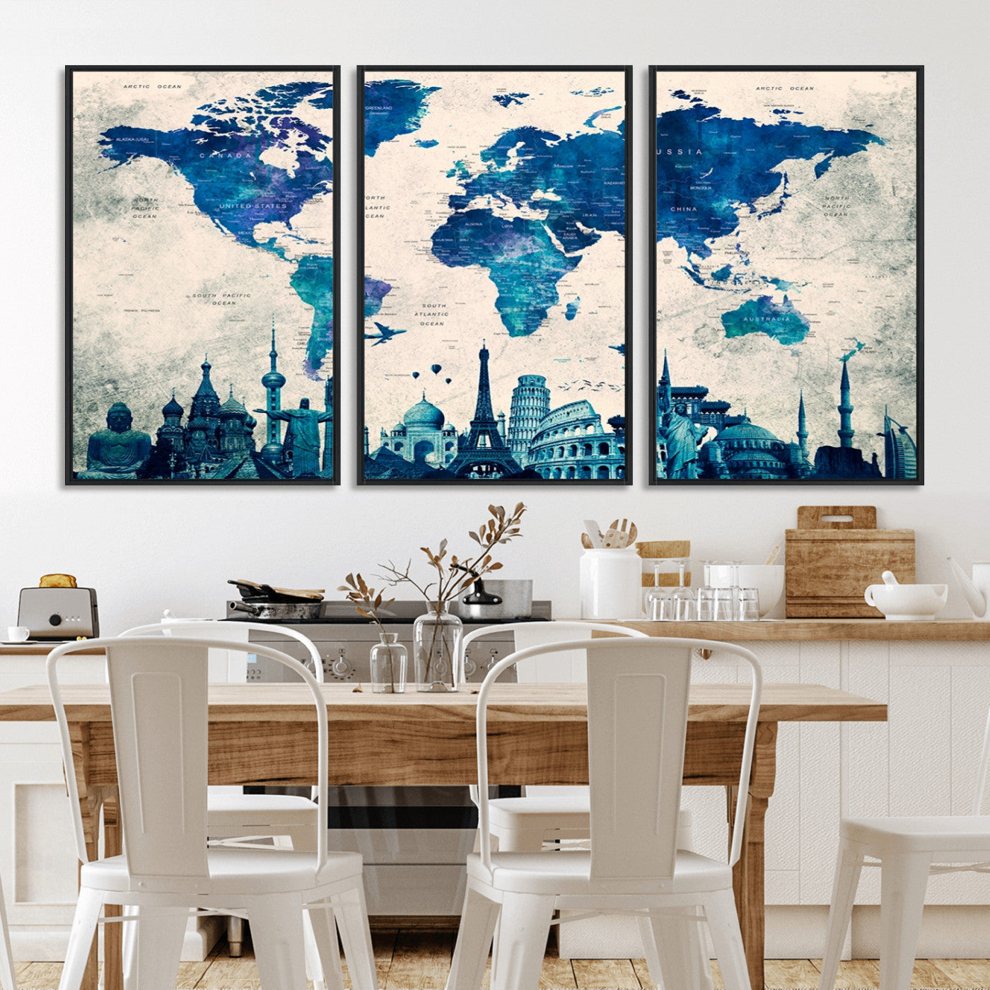 Navy Blue World Map Canvas Print, Wonder of World Map Push Pin Canvas Print