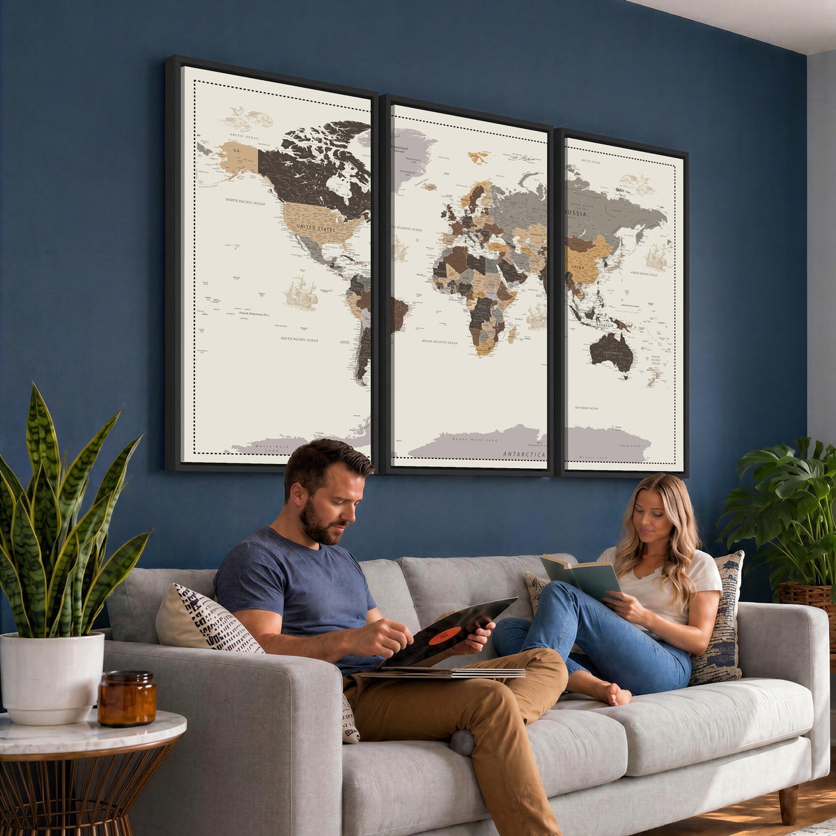 58777746-MGV-CV-36X24 - Custom Beige Modern Push Pin World Map Canvas Print, Places Visited Tracker, Bedroom and Study Decor