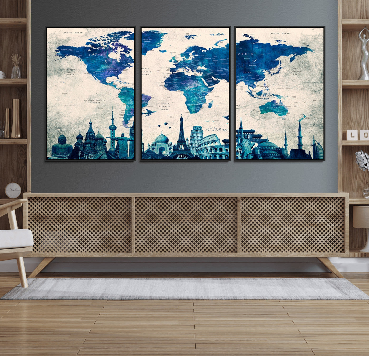 Navy Blue World Map Canvas Print, Wonder of World Map Push Pin Canvas Print