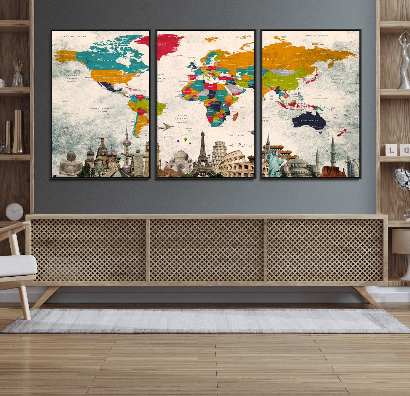 Push Pin World Map Canvas Print – Framed Wall Art for Couples to Track Their Travels – Anniversary Gift or Home Adventure Decor
