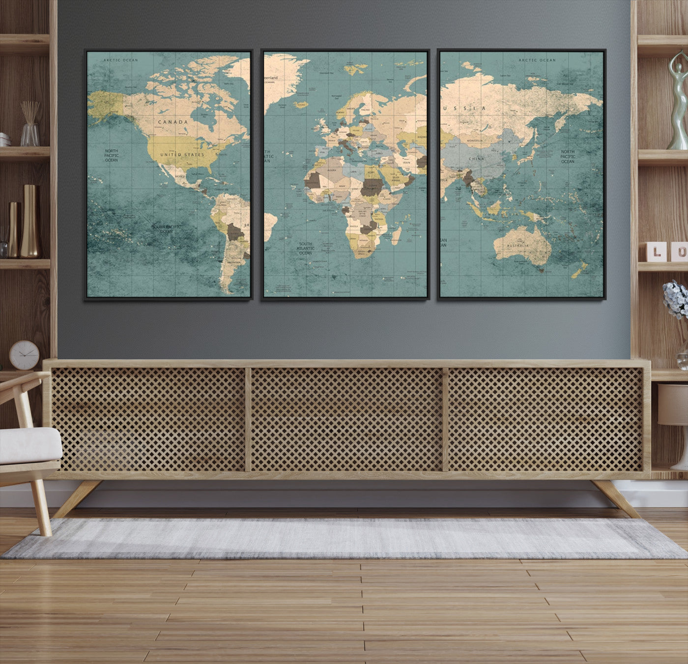 Classic World Map Wall Art Canvas Print, Framed Retro Map Art Picture Print, Vintage Atlas Perfect Rustic Explorer Decor Artwork