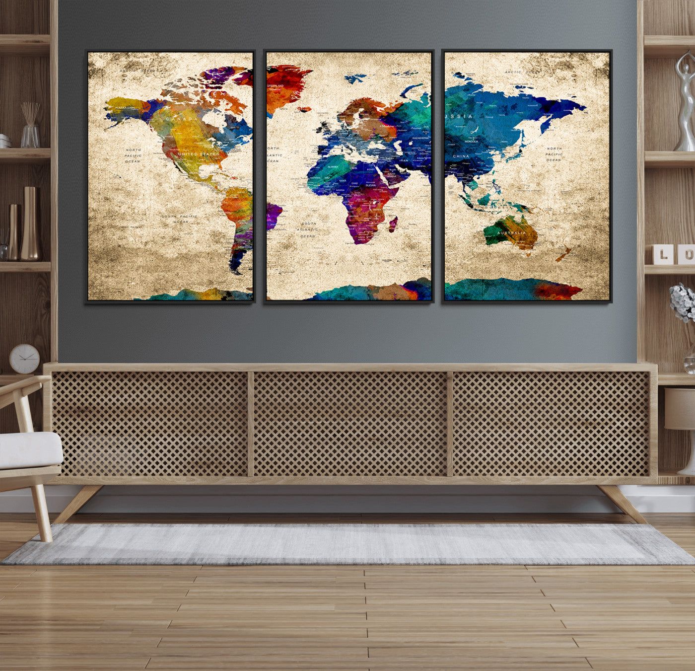 Push Pin World Map Canvas Print – Framed Wall Art for Couples to Track Their Travels – Anniversary Gift or Home Adventure Decor