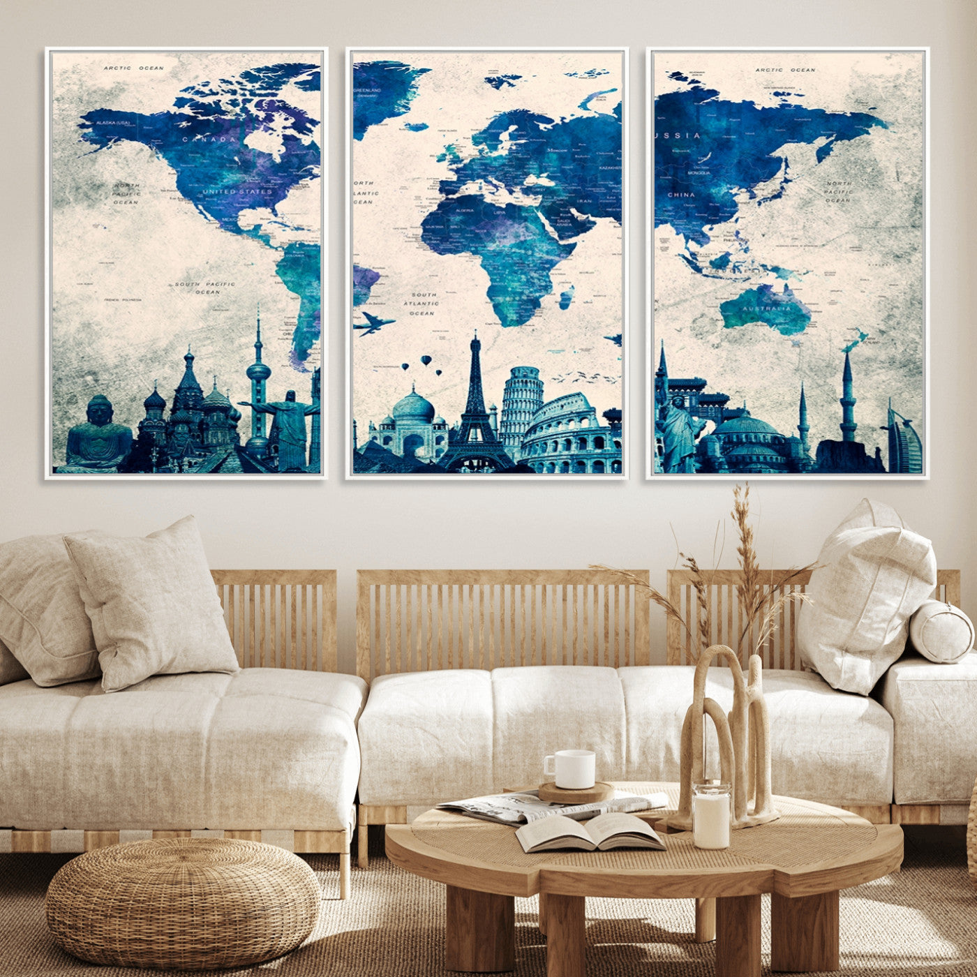 Navy Blue World Map Canvas Print, Wonder of World Map Push Pin Canvas Print