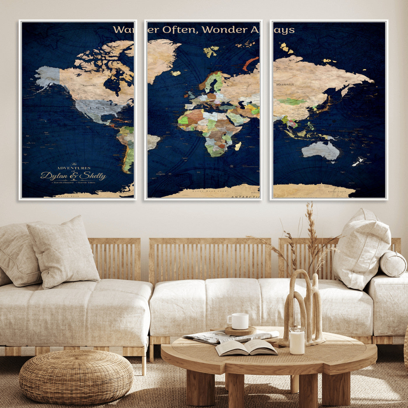 12399561-MGV-CV-30X20-Personalized World Map Print, Customizable Push Pin Framed World Map Print on Canvas - Custom Quote on Map Print