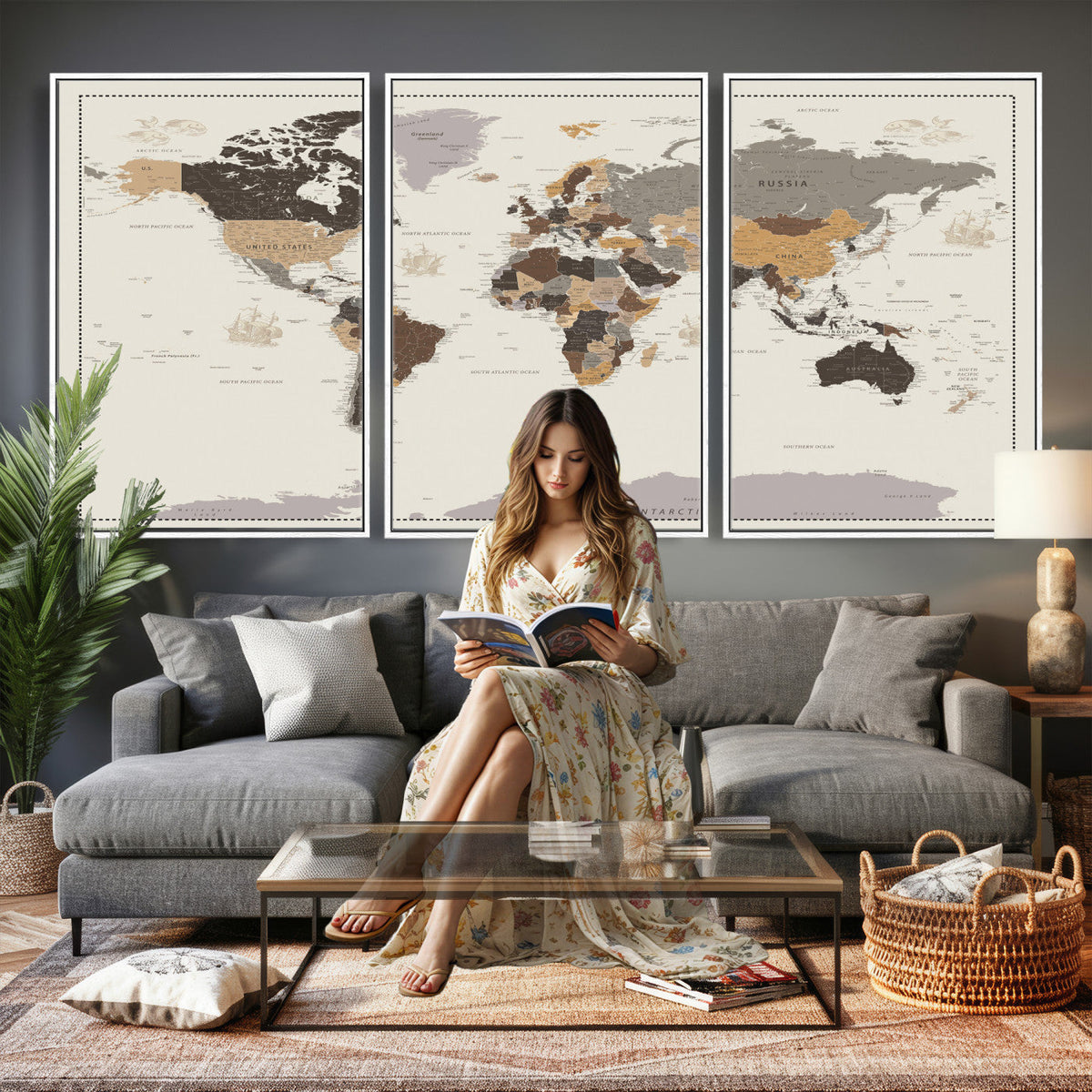 58777746-MGV-CV-36X24 - Custom Beige Modern Push Pin World Map Canvas Print, Places Visited Tracker, Bedroom and Study Decor
