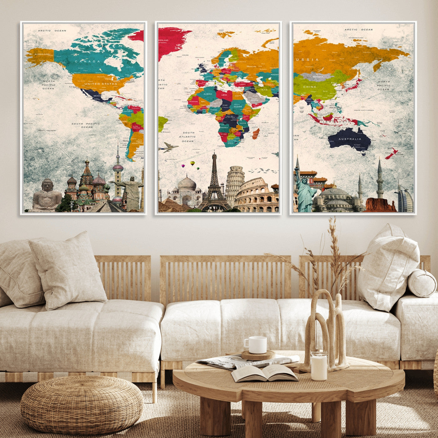 Push Pin World Map Canvas Print – Framed Wall Art for Couples to Track Their Travels – Anniversary Gift or Home Adventure Decor