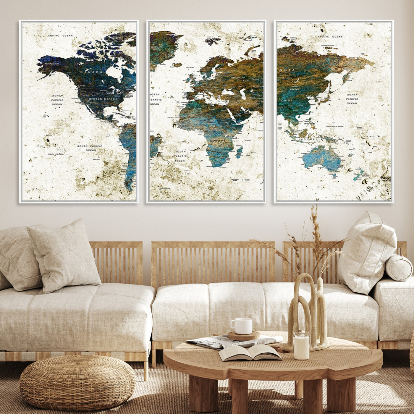 Vintage World Map Wall Art Canvas Print, Framed Rustic Earth Map Art Picture Print, Antique Map Perfect Rustic Vintage Decor Artwork