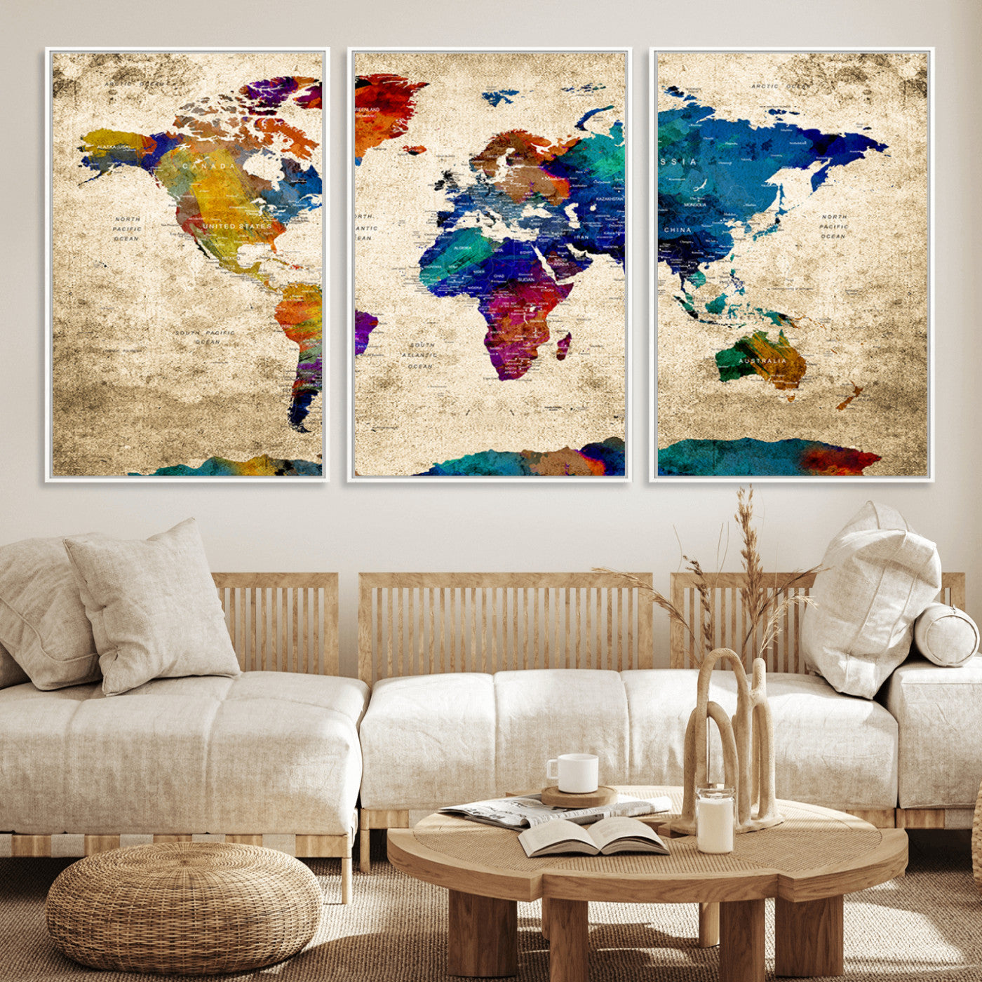 Push Pin World Map Canvas Print – Framed Wall Art for Couples to Track Their Travels – Anniversary Gift or Home Adventure Decor