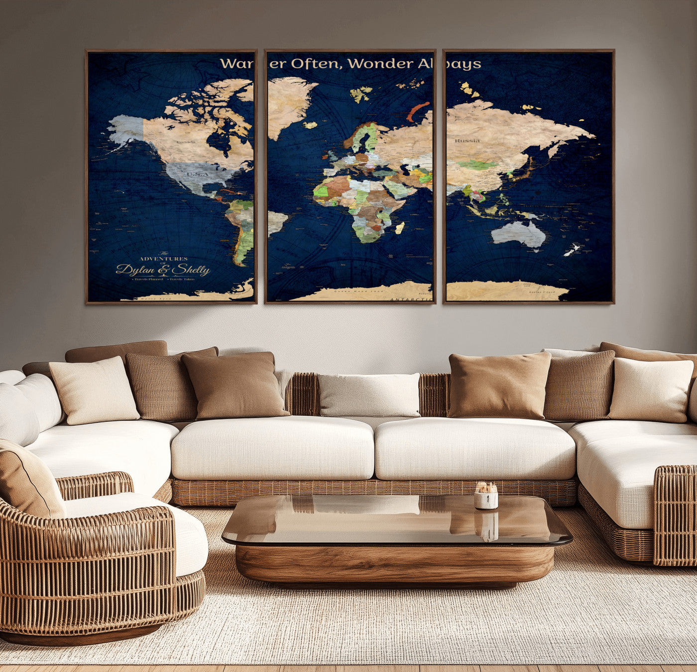 12399561-MGV-CV-30X20-Personalized World Map Print, Customizable Push Pin Framed World Map Print on Canvas - Custom Quote on Map Print