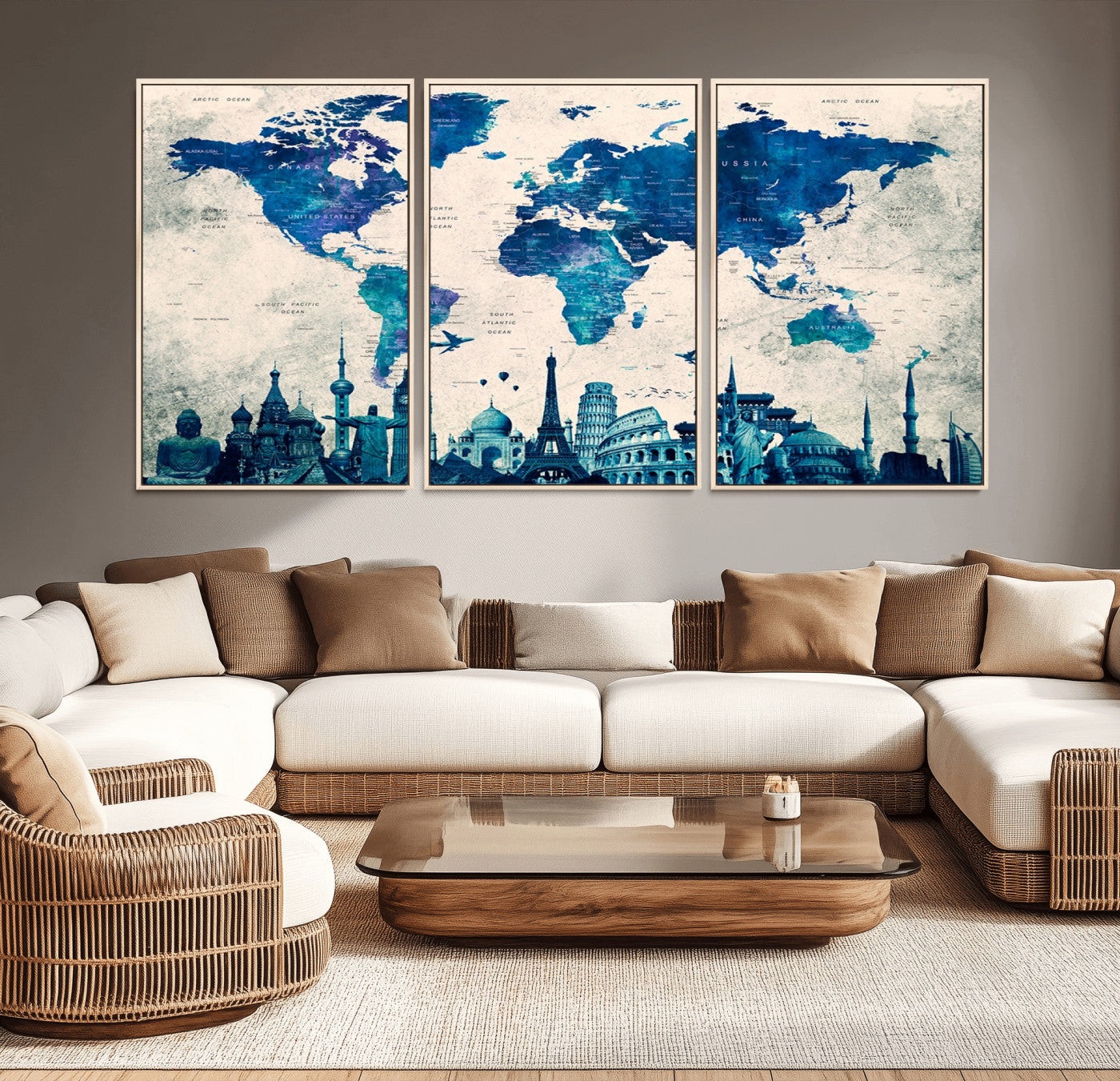 Navy Blue World Map Canvas Print, Wonder of World Map Push Pin Canvas Print