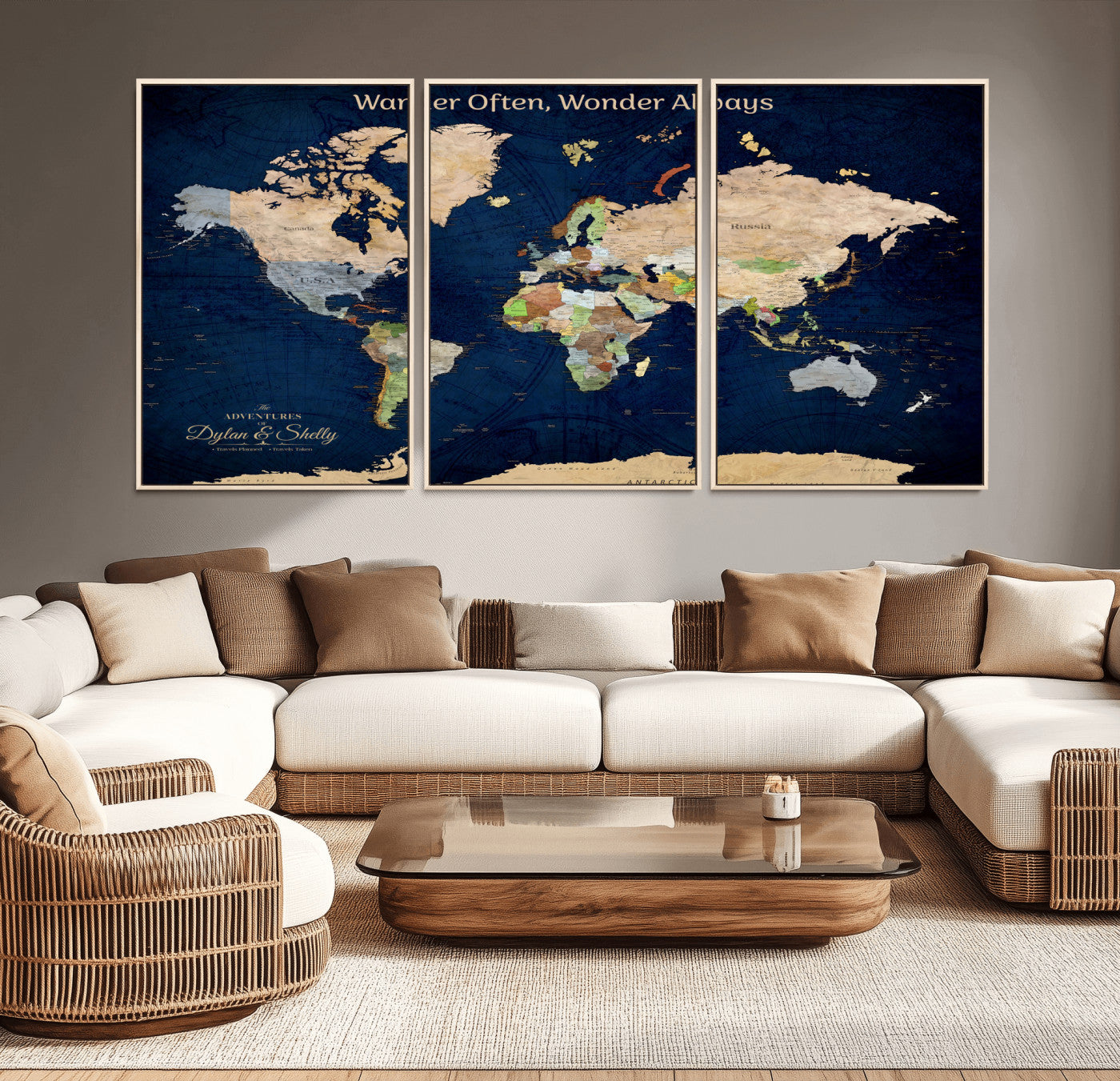 12399561-MGV-CV-30X20-Personalized World Map Print, Customizable Push Pin Framed World Map Print on Canvas - Custom Quote on Map Print