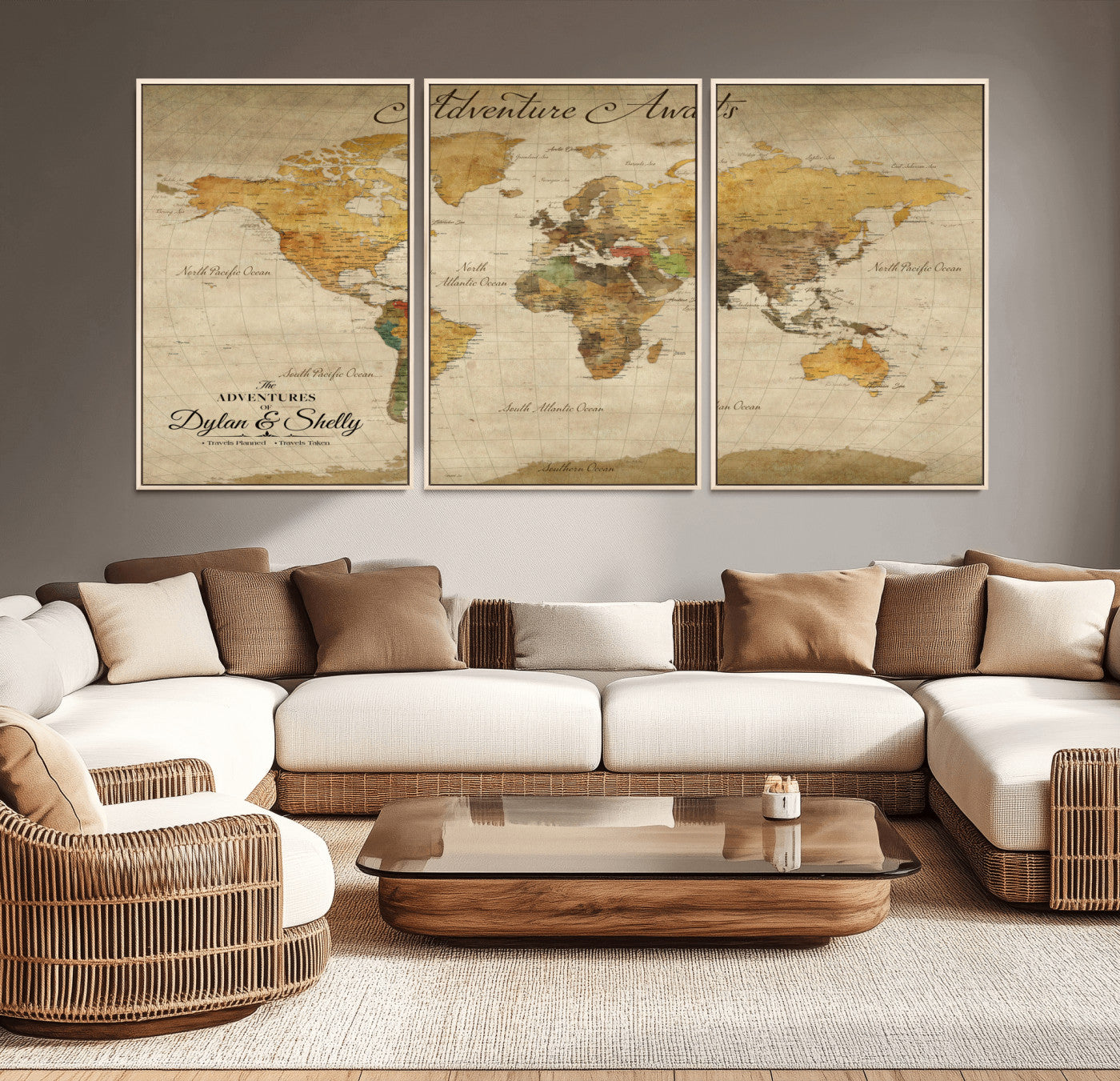 50298017-MGV-CV-36X24-Personalized World Map Print, Customizable Push Pin Framed World Map Print on Canvas - Custom Quote on Map Print