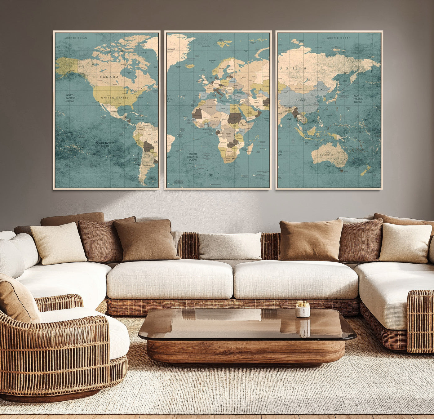 Classic World Map Wall Art Canvas Print, Framed Retro Map Art Picture Print, Vintage Atlas Perfect Rustic Explorer Decor Artwork