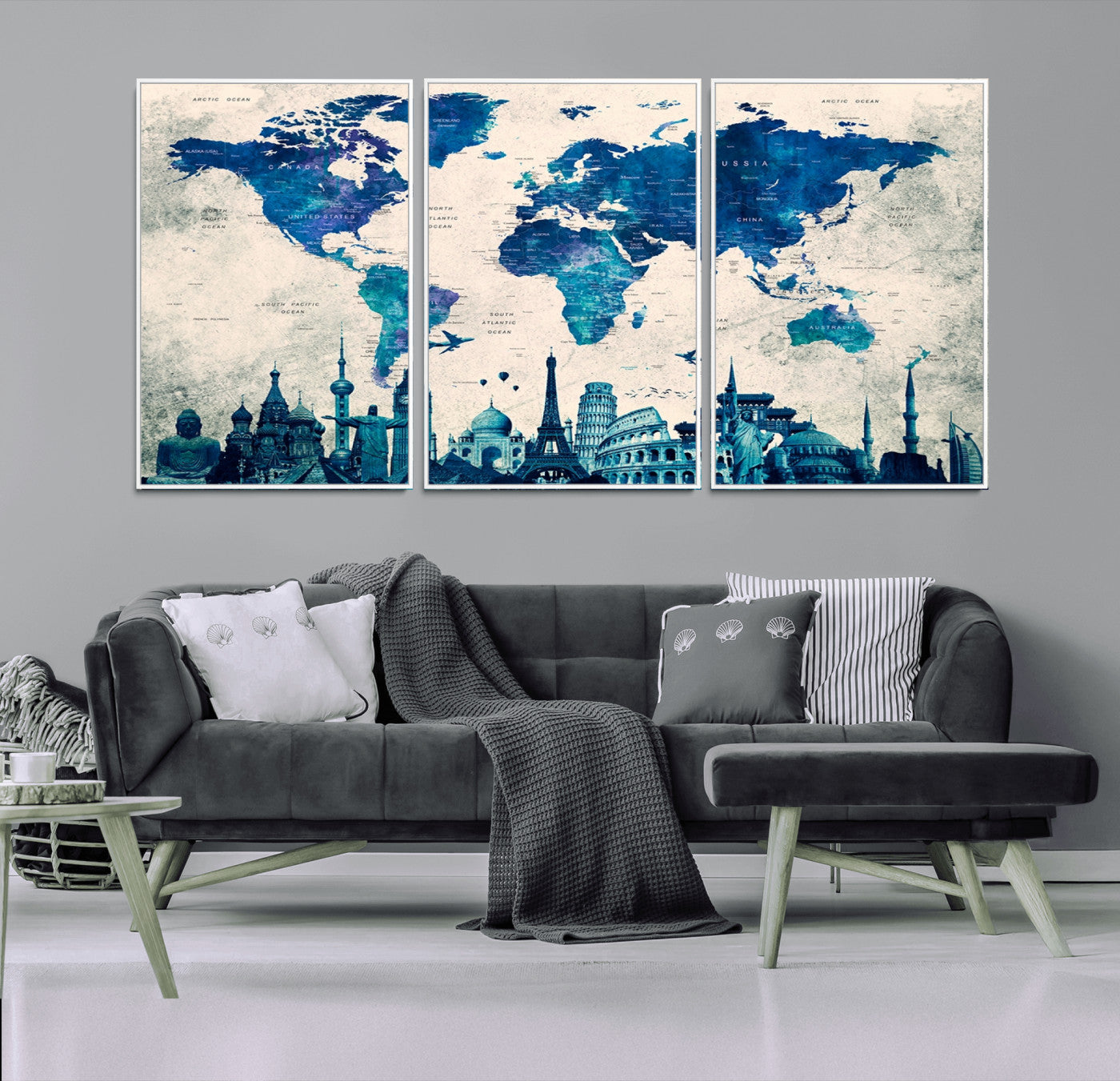Navy Blue World Map Canvas Print, Wonder of World Map Push Pin Canvas Print
