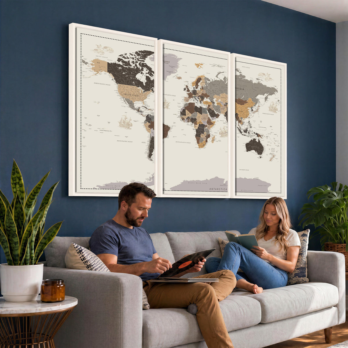 58777746-MGV-CV-36X24 - Custom Beige Modern Push Pin World Map Canvas Print, Places Visited Tracker, Bedroom and Study Decor