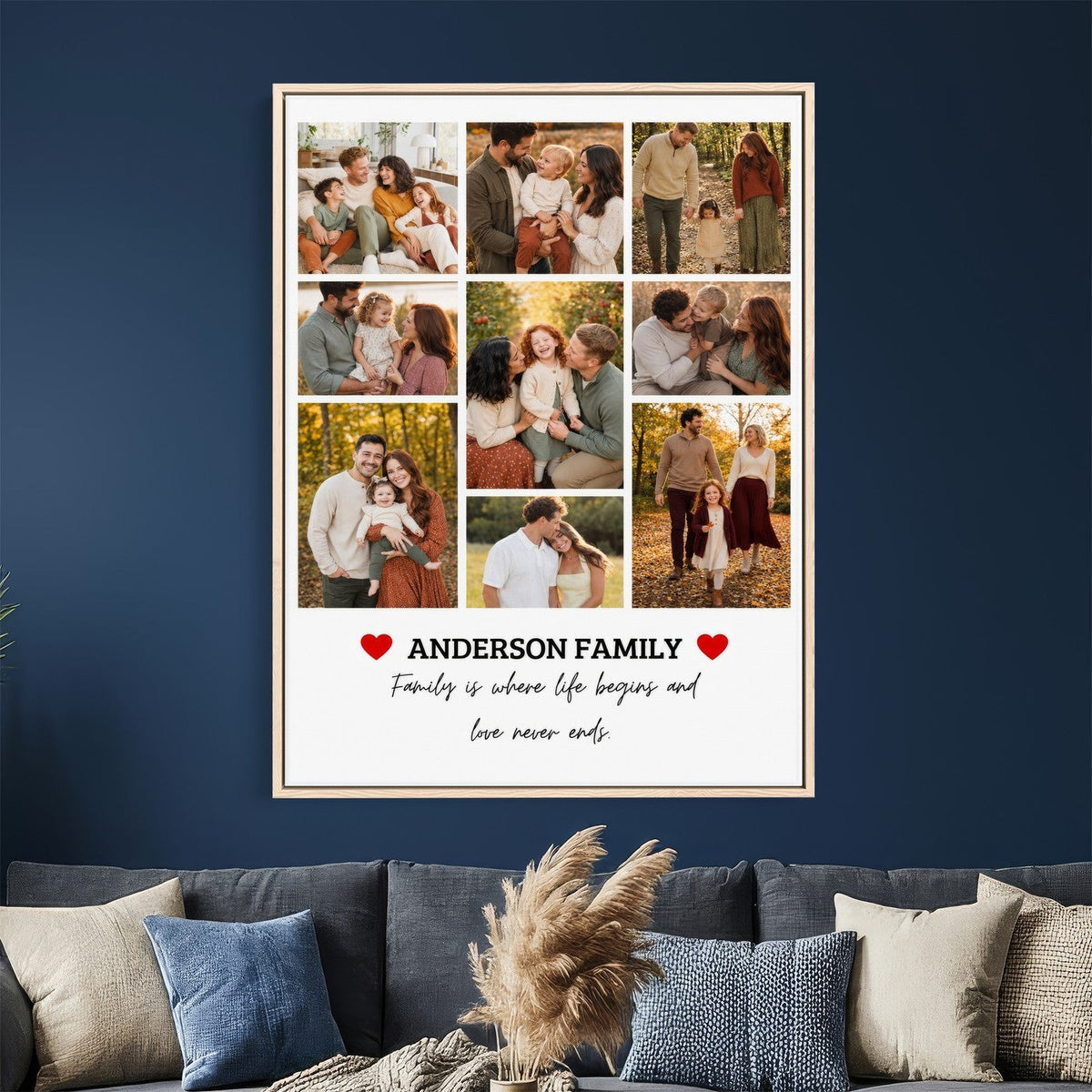 Nine photo personalized family collage, framed option