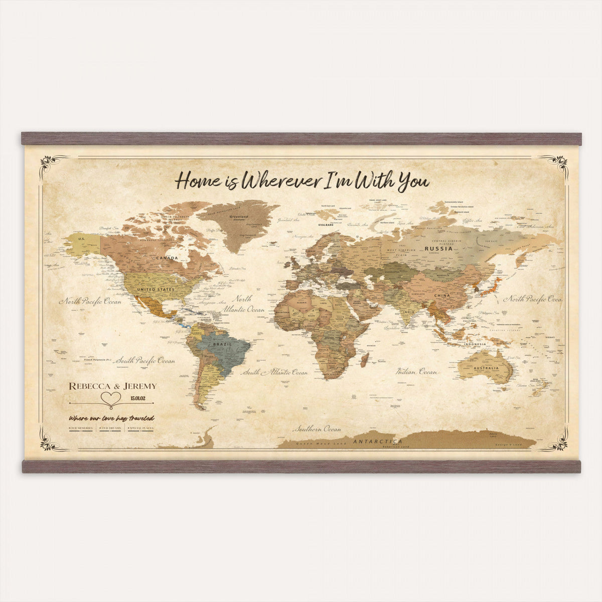 40086165-MGV-TP-30X20 - Framed Vintage Custom Push Pin World Map Canvas Print | Personalized Travel Map Wall Art