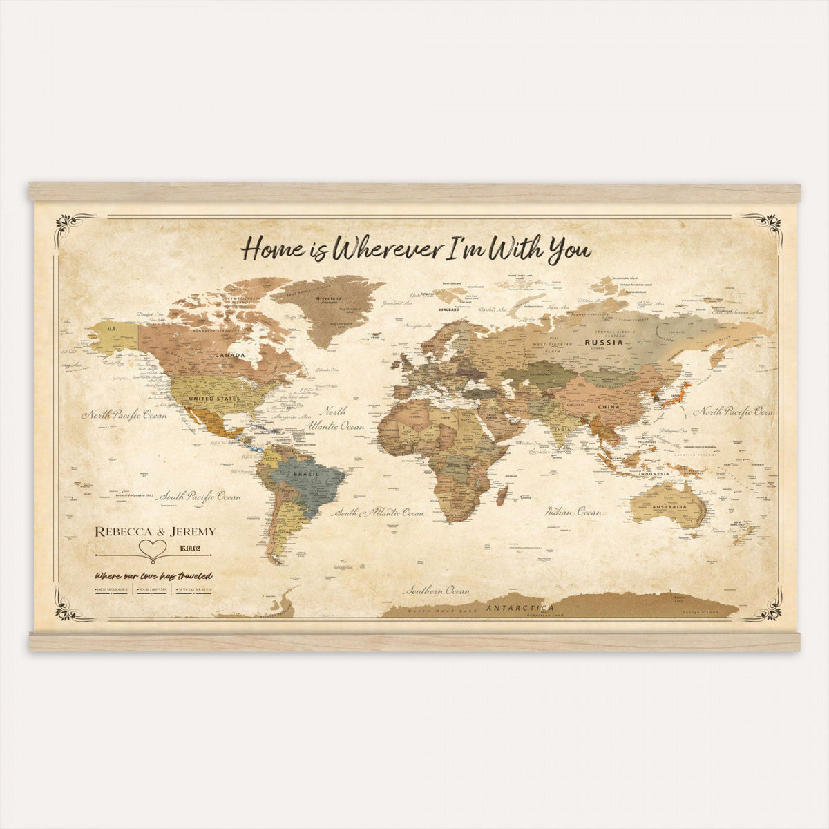 40086165-MGV-TP-30X20 - Framed Vintage Custom Push Pin World Map Canvas Print | Personalized Travel Map Wall Art