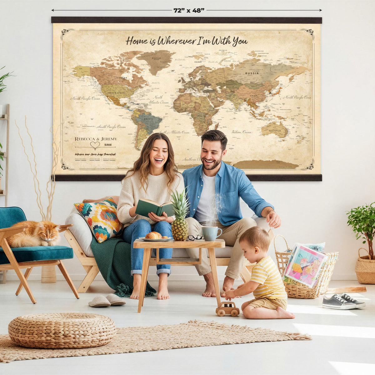 40086165-MGV-TP-30X20 - Framed Vintage Custom Push Pin World Map Canvas Print | Personalized Travel Map Wall Art