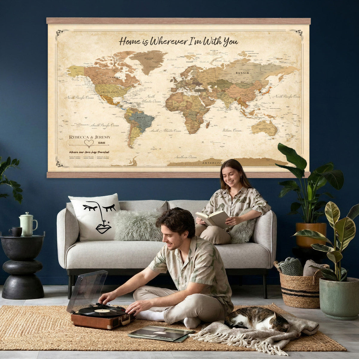 40086165-MGV-TP-30X20 - Framed Vintage Custom Push Pin World Map Canvas Print | Personalized Travel Map Wall Art