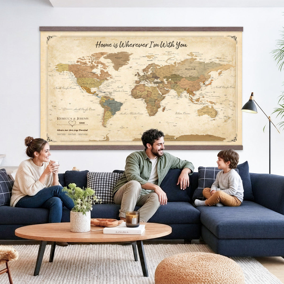 40086165-MGV-TP-30X20 - Framed Vintage Custom Push Pin World Map Canvas Print | Personalized Travel Map Wall Art