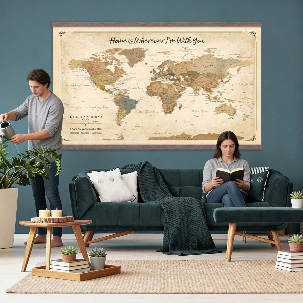 40086165-MGV-TP-30X20 - Framed Vintage Custom Push Pin World Map Canvas Print | Personalized Travel Map Wall Art