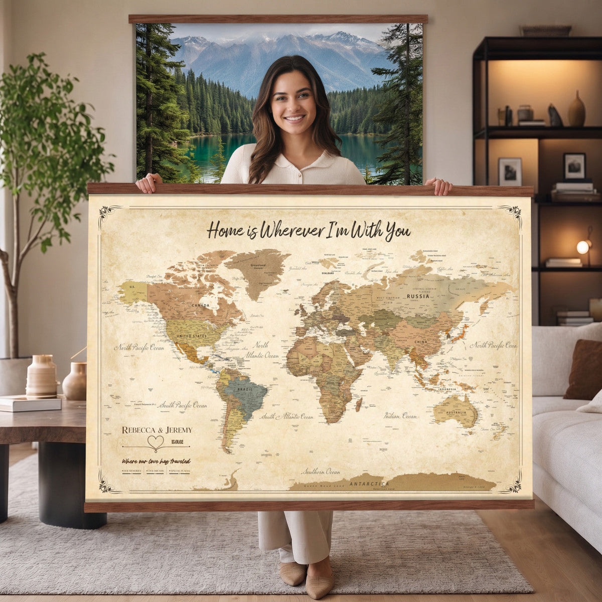 40086165-MGV-TP-30X20 - Framed Vintage Custom Push Pin World Map Canvas Print | Personalized Travel Map Wall Art