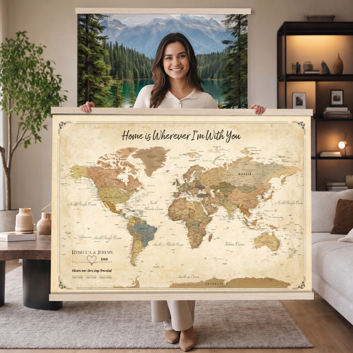 40086165-MGV-TP-30X20 - Framed Vintage Custom Push Pin World Map Canvas Print | Personalized Travel Map Wall Art