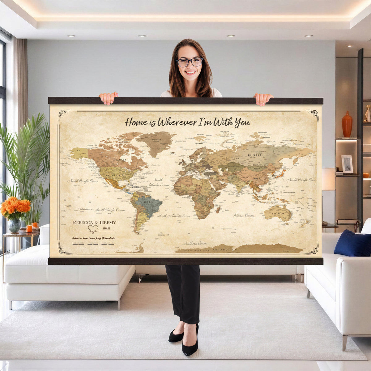40086165-T-MGV-TP-30X20 - Framed Vintage Custom World Map Tapestry Print - Personalized Travel Map Wall Art Tapestry