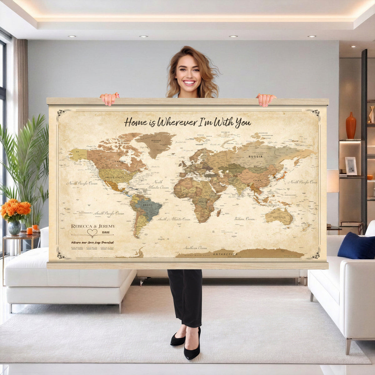 40086165-MGV-TP-30X20 - Framed Vintage Custom Push Pin World Map Canvas Print | Personalized Travel Map Wall Art