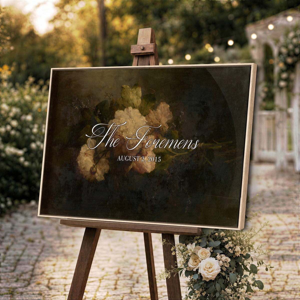 52520004-MCV-HS-36X24 - Personalized Family Name Sign | Cream Blooms Vintage Floral Canvas | Wedding Gift