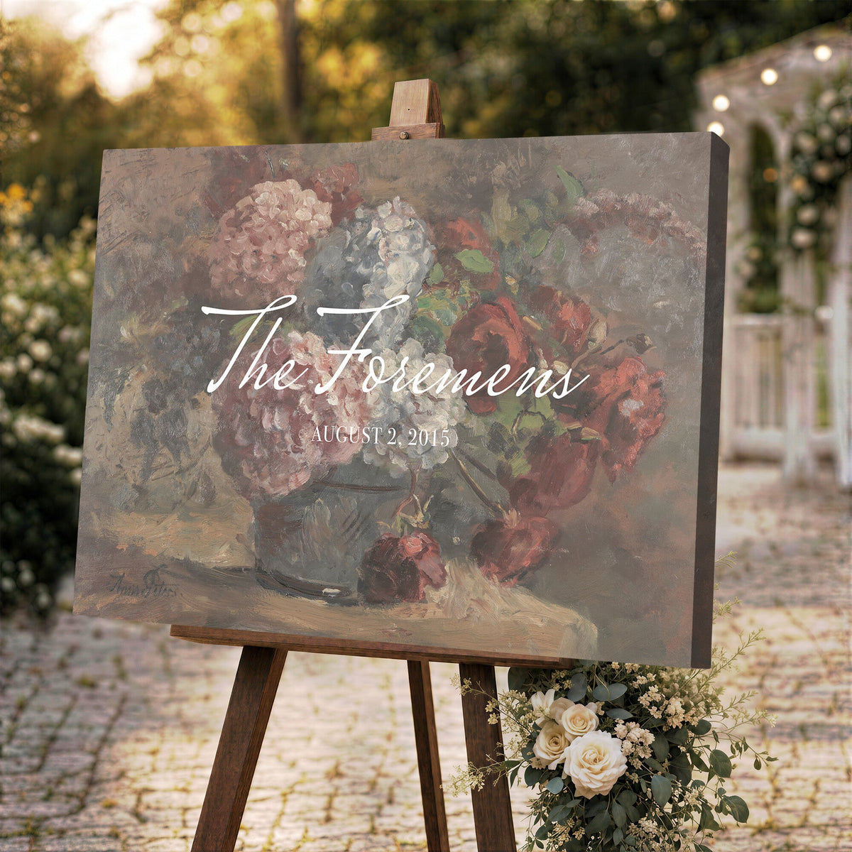 48524805-MCV-HS-36X24 - Wedding Easel Sign | Personalized Rose Bouquet Vintage Canvas | Framed Welcome Sign for Ceremony